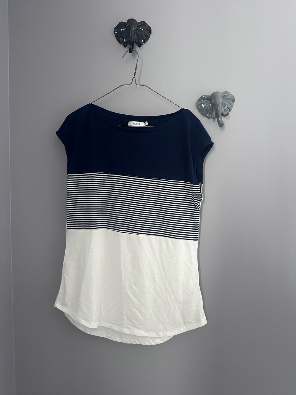 ROCKS Navy and White Striped Block Short Sleeve Top colour block